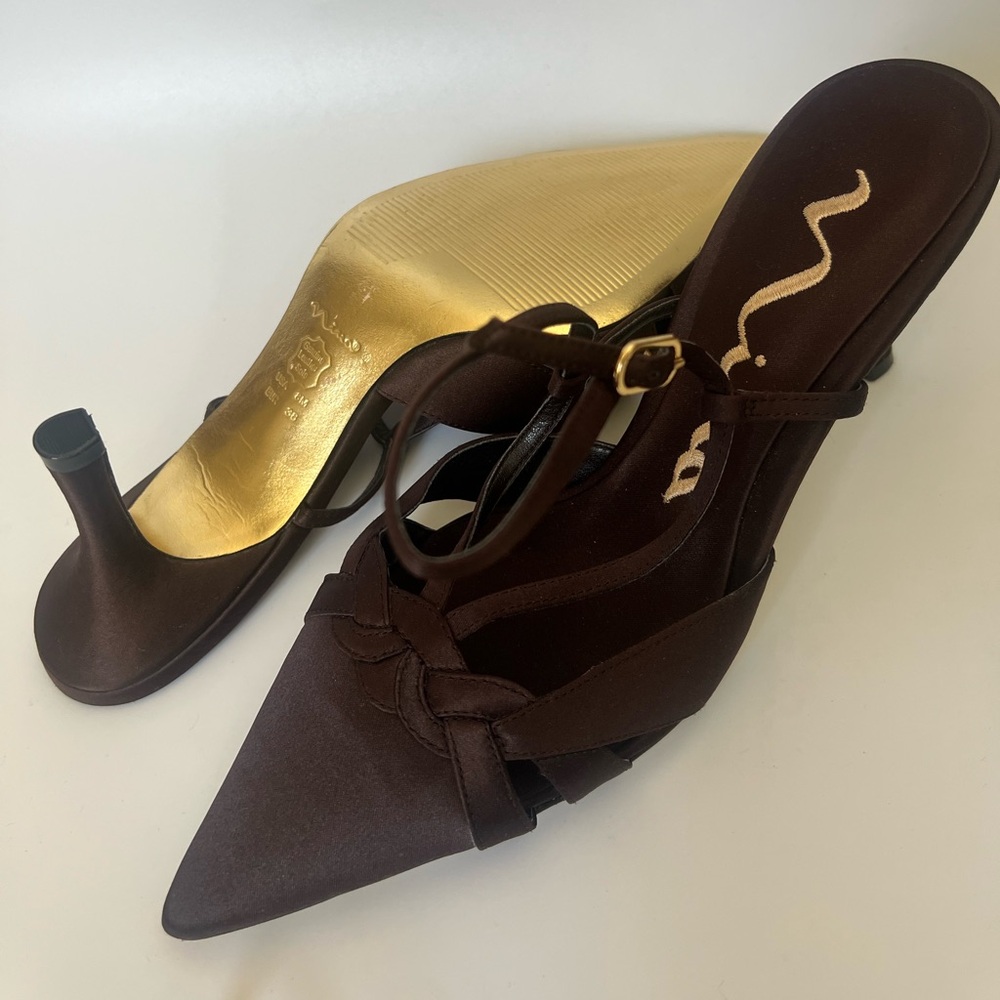 Brown Satin Closed Toe Kitten Heels